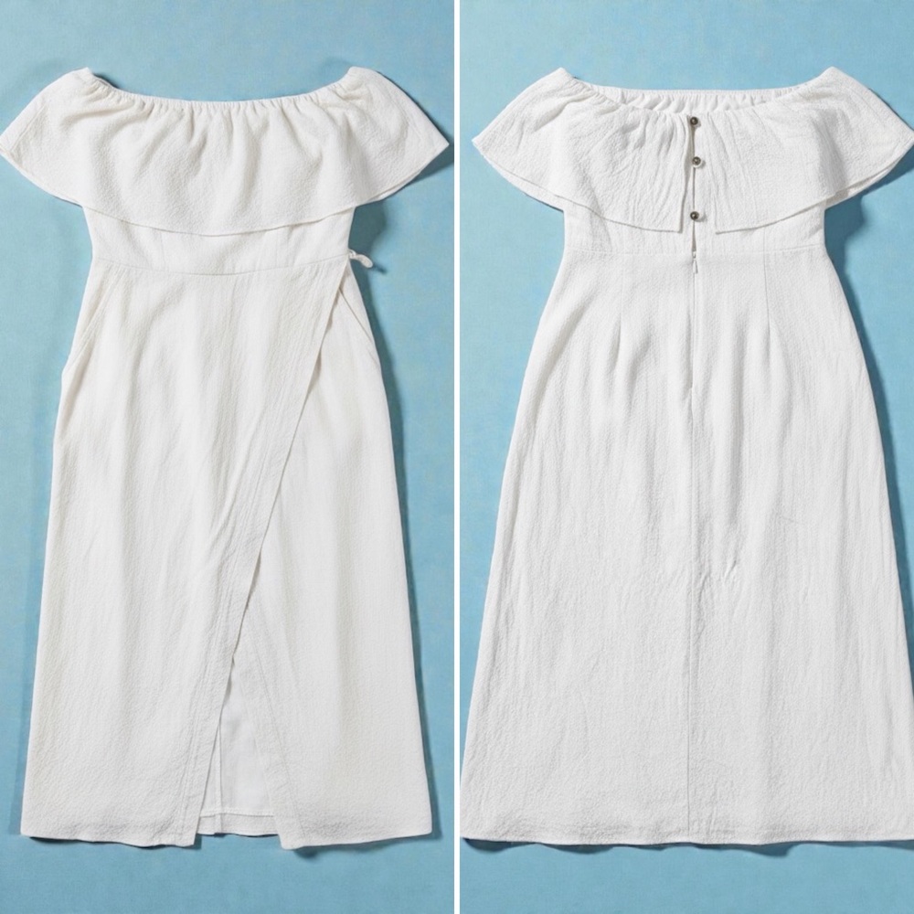 White Linen Blend Strapless Ruffle Midi Dress Coastal Resort Bridal Beach XS